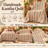 Cream Yellow Striped Vintage Kantha Quilt – Hand Stitched Recycled Sari Cotton Throw 60x90 Inch - Image 4