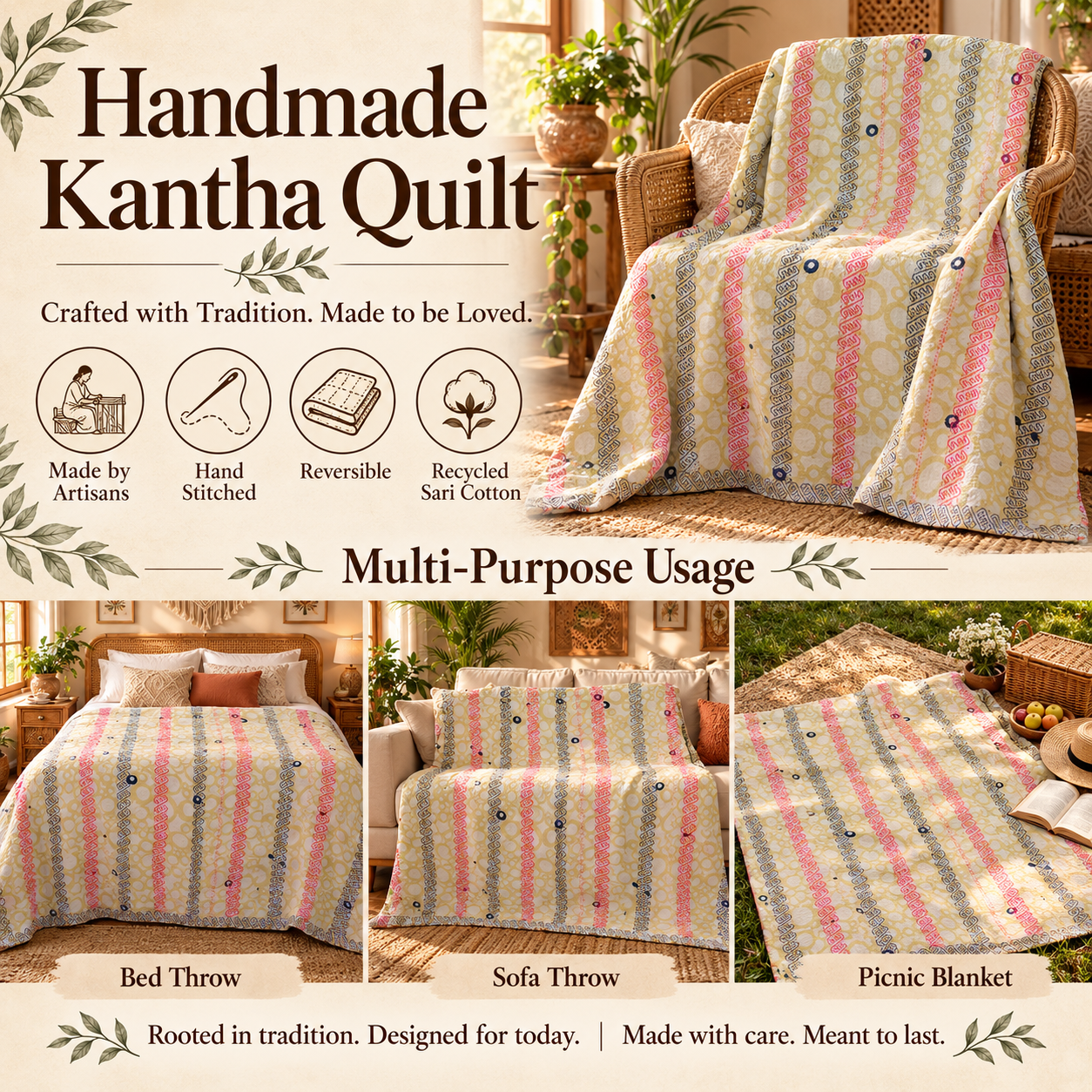 Cream Yellow Striped Vintage Kantha Quilt – Hand Stitched Recycled Sari Cotton Throw 60x90 Inch - Image 4