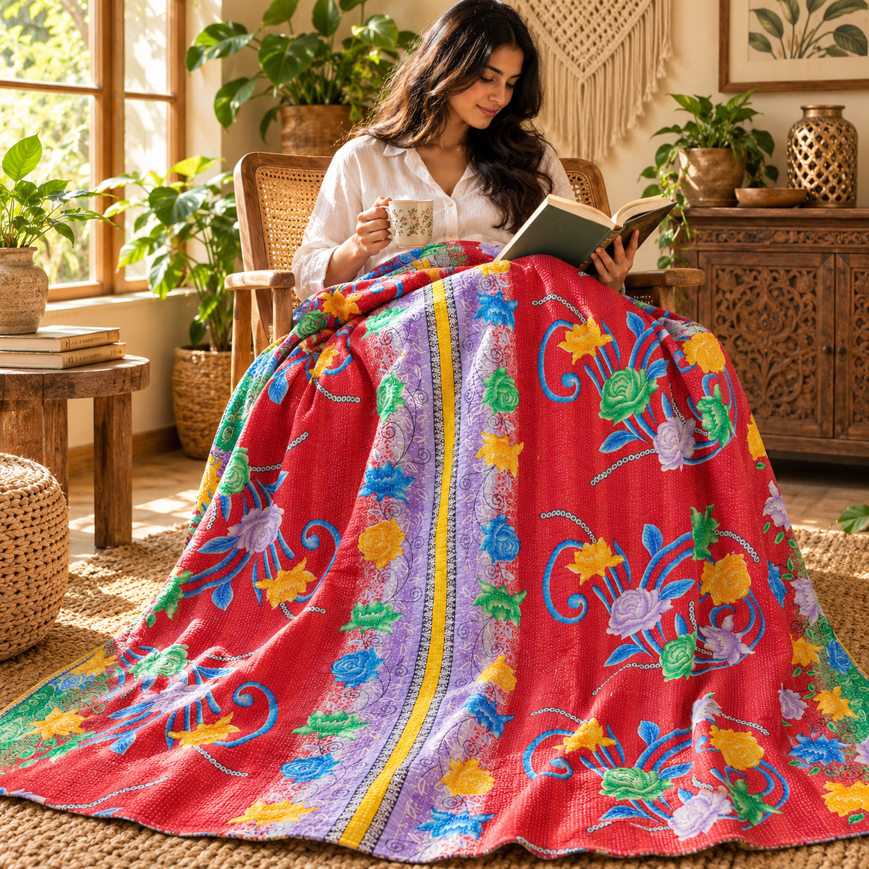 Red Floral Kantha Quilt 60x90 – Handmade Cotton Bedspread - Image 3