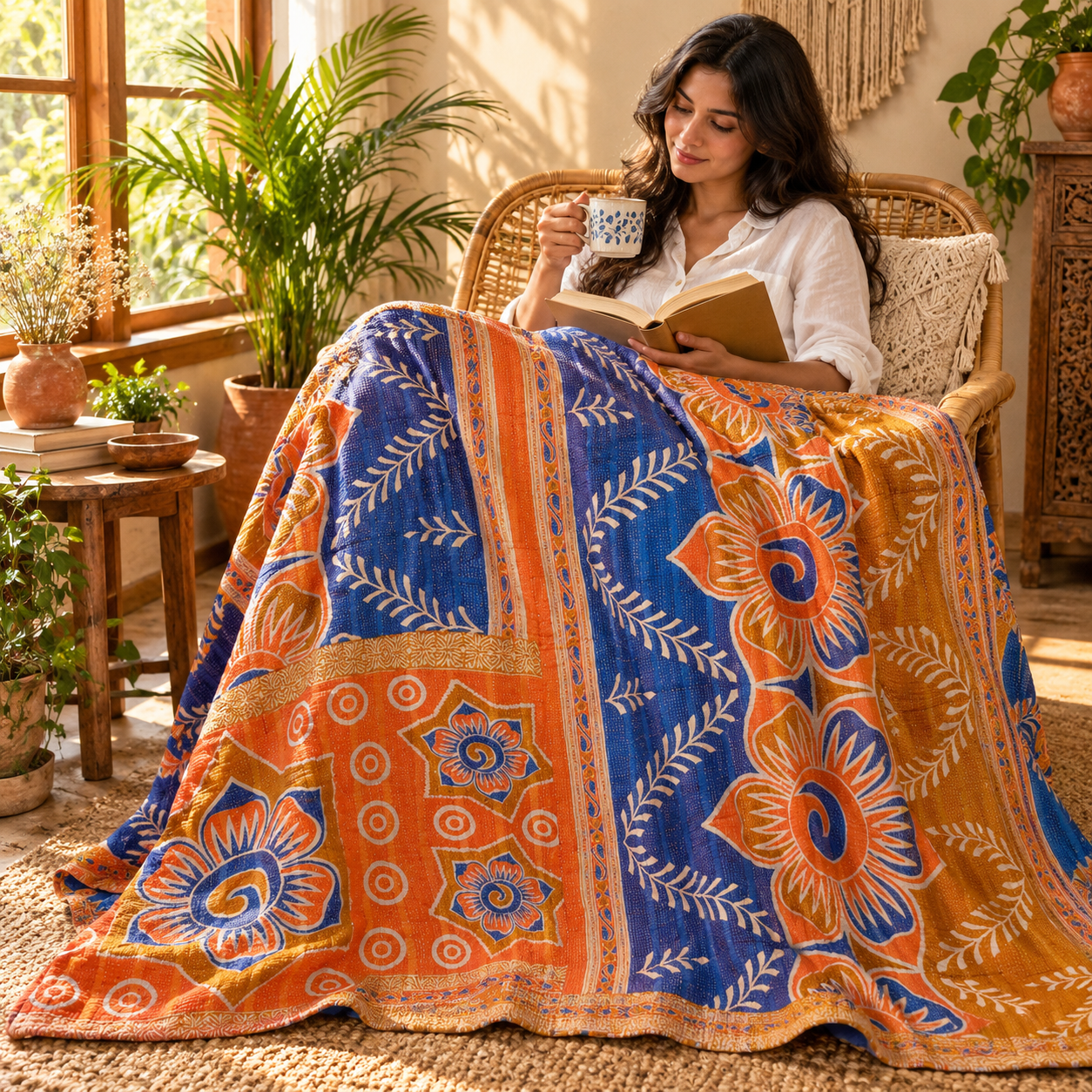 Royal Blue & Orange Floral Vintage Kantha Quilt – Hand Stitched Cotton Bedspread Throw 60x90 Inch - Image 3