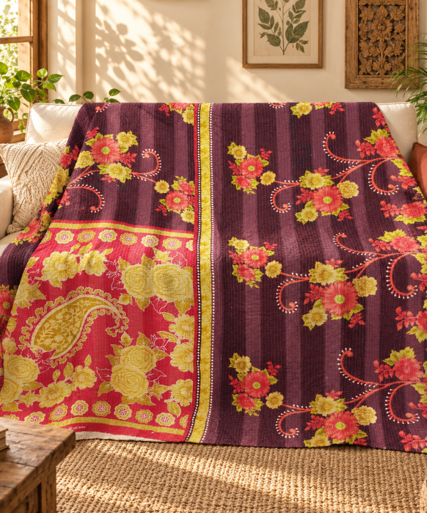 Burgundy Red Floral Paisley Vintage Kantha Quilt – Hand Stitched Cotton Bed Throw 60x90 Inch