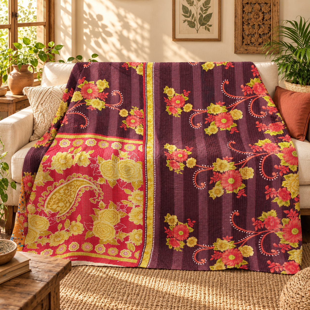 Burgundy Red Floral Paisley Vintage Kantha Quilt – Hand Stitched Cotton Bed Throw 60x90 Inch