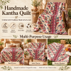 Cream Red Geometric Vintage Kantha Quilt – Handmade Cotton Indian Bedspread Throw 60x90 Inch - Image 4