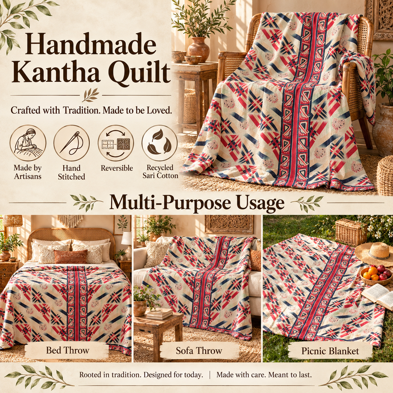 Cream Red Geometric Vintage Kantha Quilt – Handmade Cotton Indian Bedspread Throw 60x90 Inch - Image 4