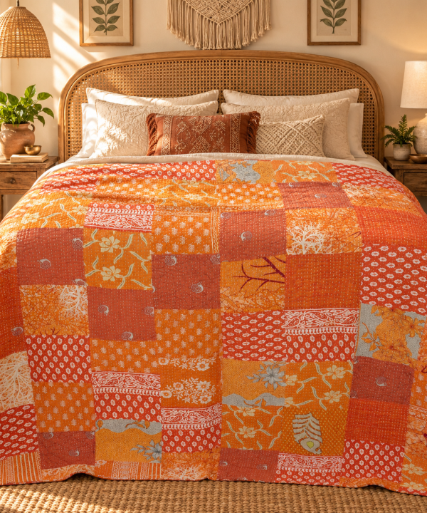 Alternative view of Assorted Orange Patchwork Kantha Quilt 60x90 – Handmade Cotton Bedspread