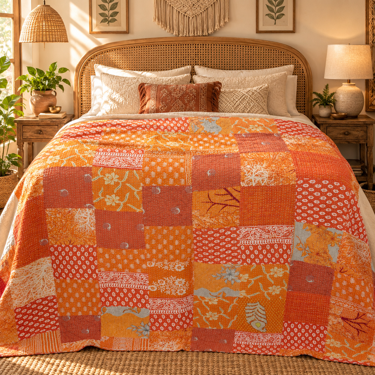 Assorted Orange Patchwork Kantha Quilt 60x90 – Handmade Cotton Bedspread - Image 2