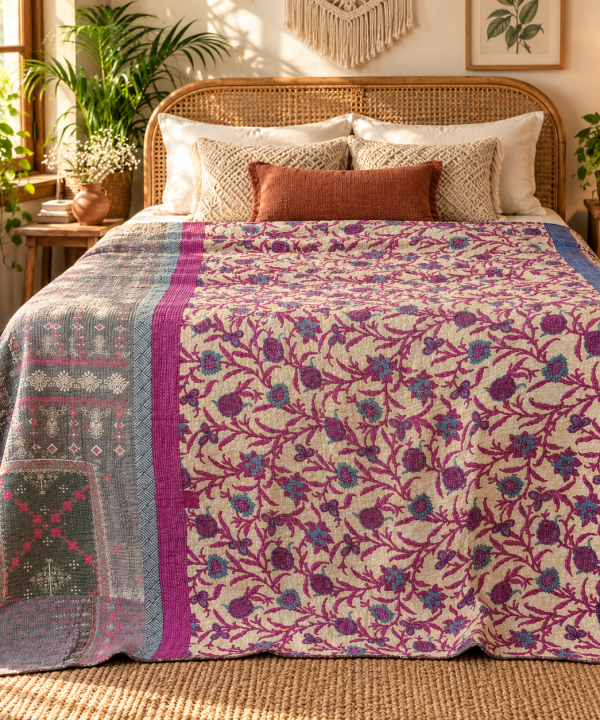 Alternative view of Cream Purple Floral Vintage Kantha Quilt – Hand Stitched Cotton Indian Bedspread Throw 60x90 Inch