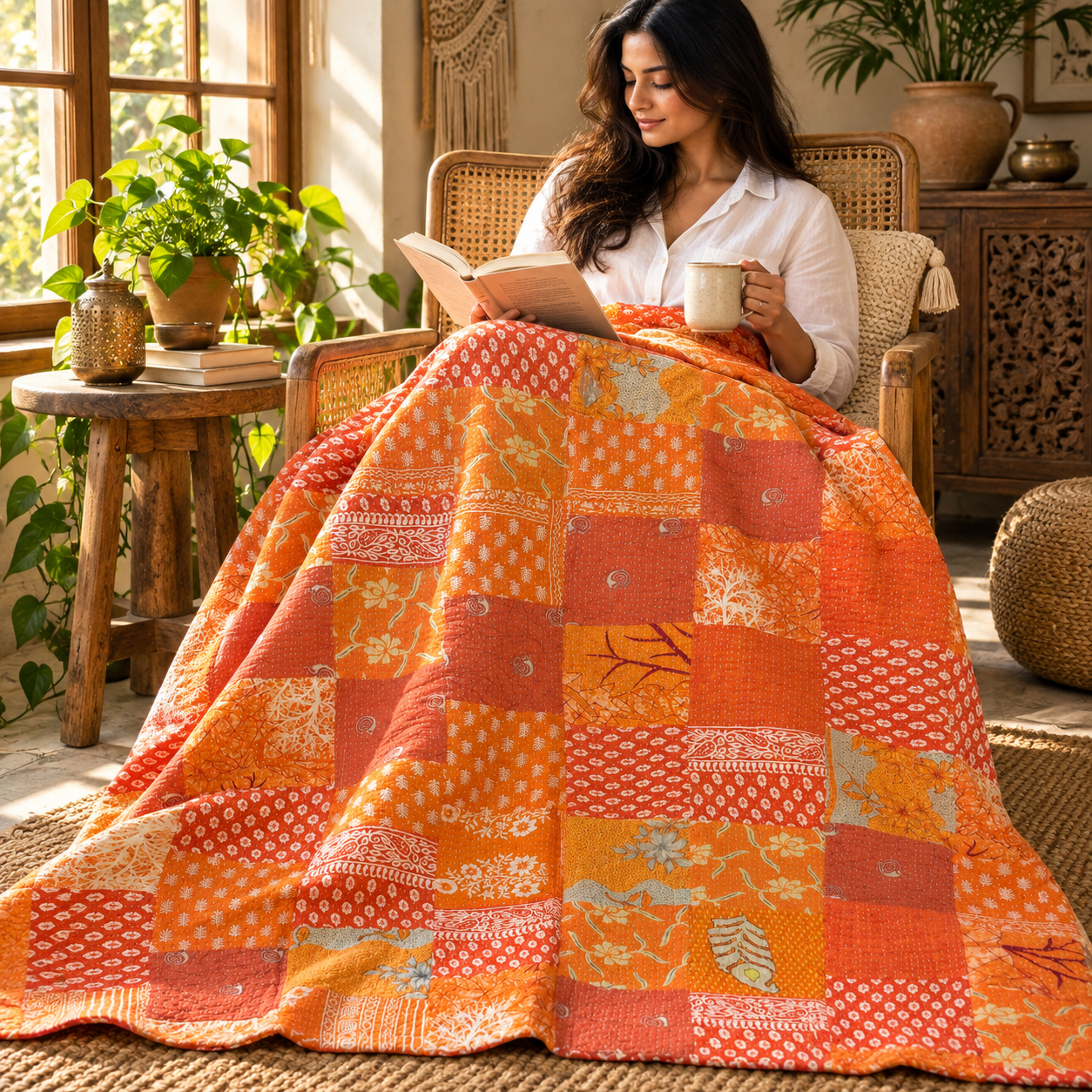 Assorted Orange Patchwork Kantha Quilt 60x90 – Handmade Cotton Bedspread - Image 3