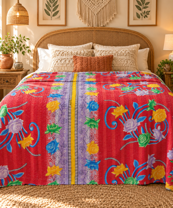 Alternative view of Red Floral Kantha Quilt 60x90 – Handmade Cotton Bedspread