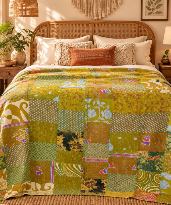 Alternative view of Assorted Green Yellow Patchwork Kantha Quilt 60x90 – Handmade Cotton Bedspread