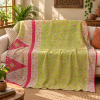 Light Green & Pink Floral Vintage Kantha Quilt – Hand Stitched Sari Cotton Throw 60x90 Inch