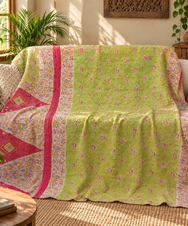 Light Green & Pink Floral Vintage Kantha Quilt – Hand Stitched Sari Cotton Throw 60x90 Inch