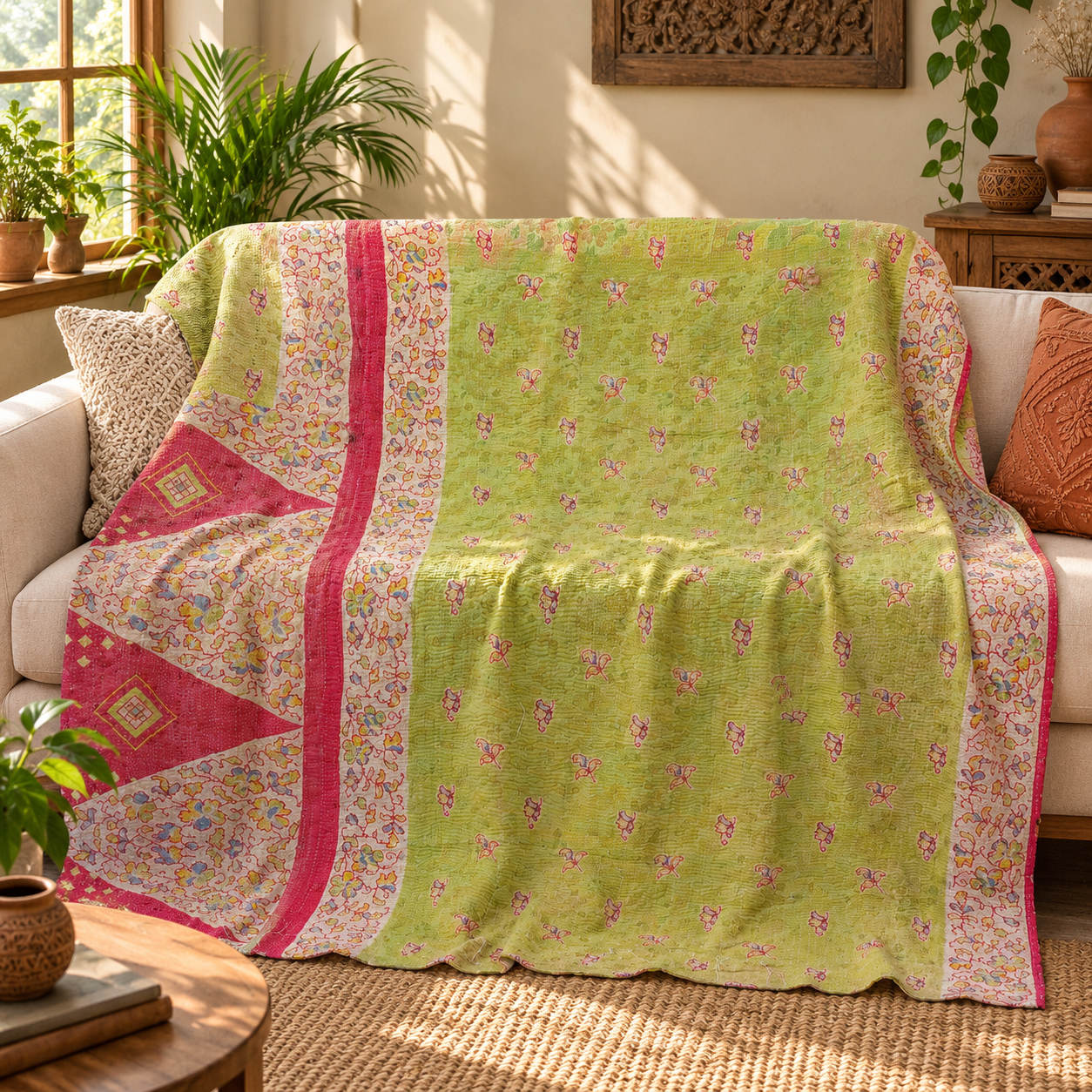 Light Green & Pink Floral Vintage Kantha Quilt – Hand Stitched Sari Cotton Throw 60x90 Inch