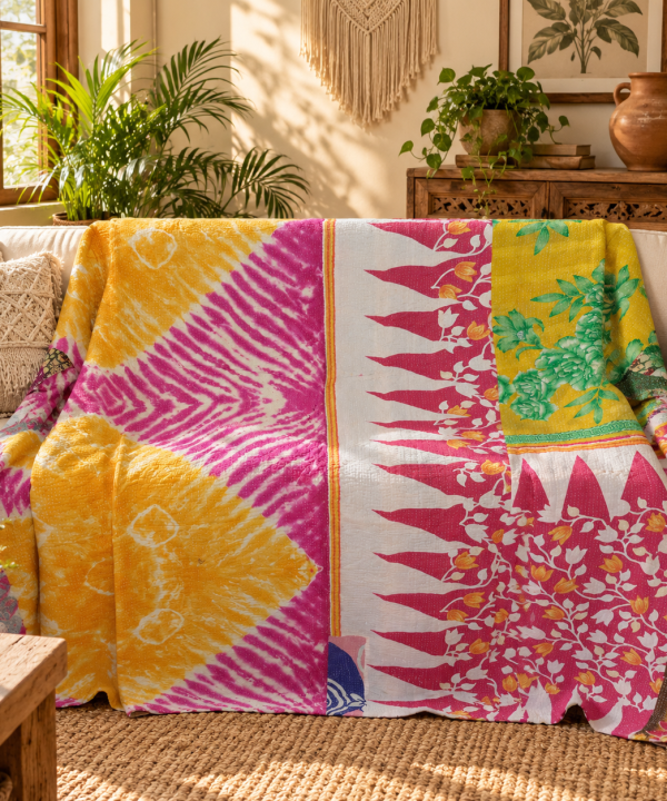 Mustard Yellow Pink Tie Dye Vintage Kantha Quilt – Floral Hand Stitched Cotton Bedspread 60x90 Inch