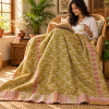 Mustard Yellow Pink Floral Vine Vintage Kantha Quilt – Hand Stitched Cotton Throw 60x90 Inch - Image 3