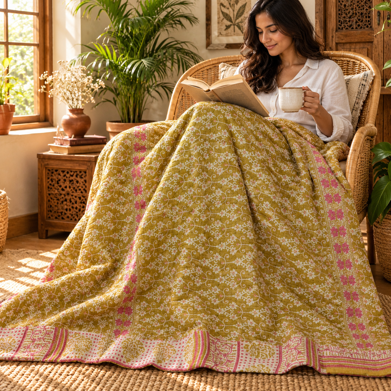 Mustard Yellow Pink Floral Vine Vintage Kantha Quilt – Hand Stitched Cotton Throw 60x90 Inch - Image 3
