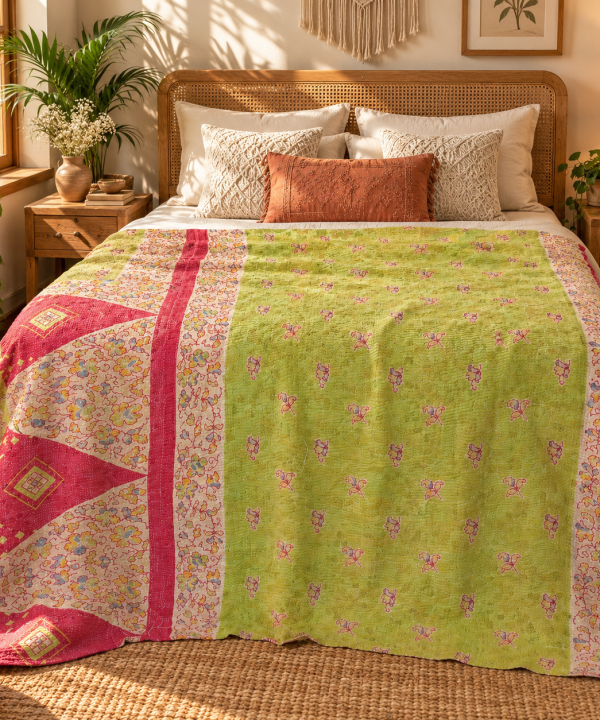 Alternative view of Light Green & Pink Floral Vintage Kantha Quilt – Hand Stitched Sari Cotton Throw 60x90 Inch