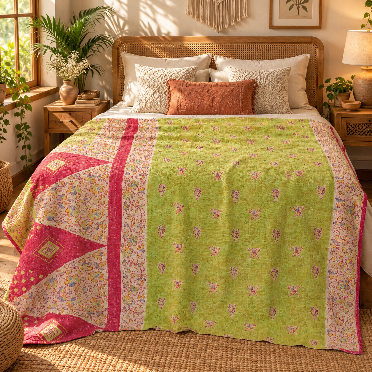 Light Green & Pink Floral Vintage Kantha Quilt – Hand Stitched Sari Cotton Throw 60x90 Inch - Image 2