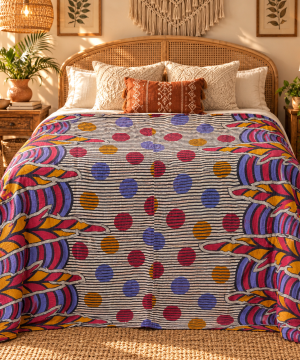 Alternative view of Cream Multicolor Geometric Vintage Kantha Quilt – Hand Stitched Cotton Bedspread 60x90 Inch