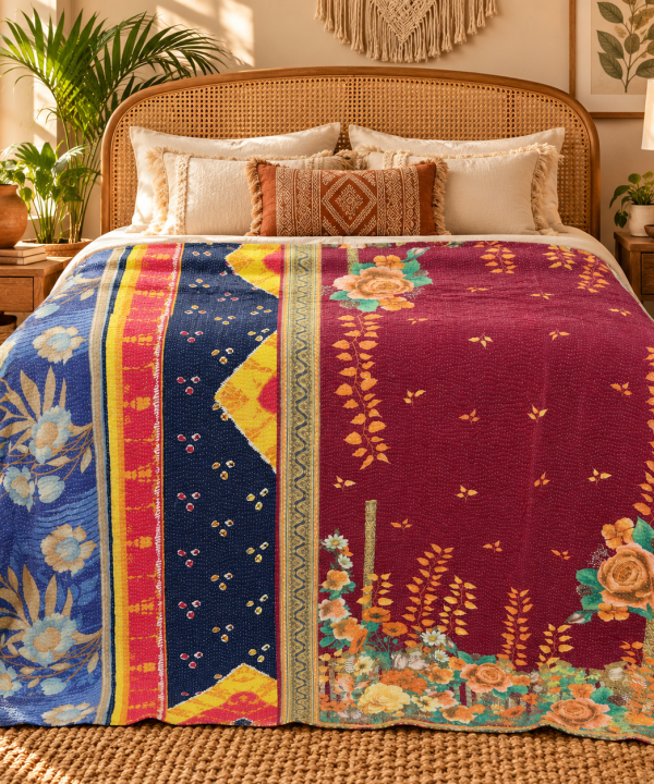 Alternative view of Burgundy Blue Floral Vintage Kantha Quilt – Handmade Cotton Indian Bedspread Throw 60x90 Inch