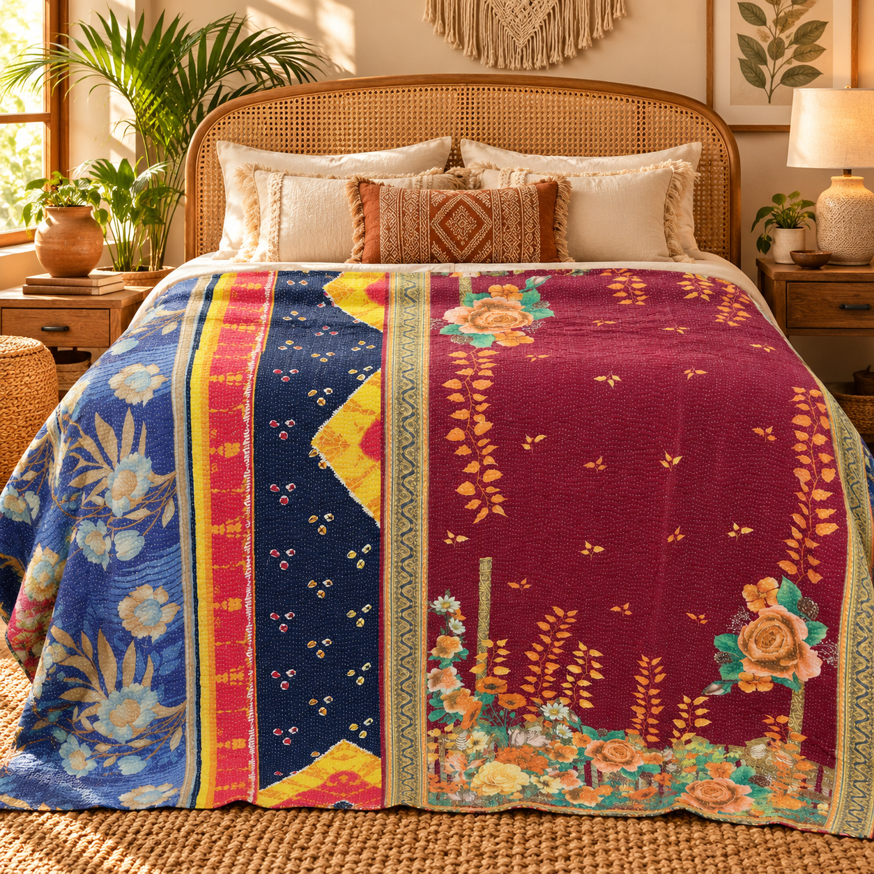 Burgundy Blue Floral Vintage Kantha Quilt – Handmade Cotton Indian Bedspread Throw 60x90 Inch - Image 2