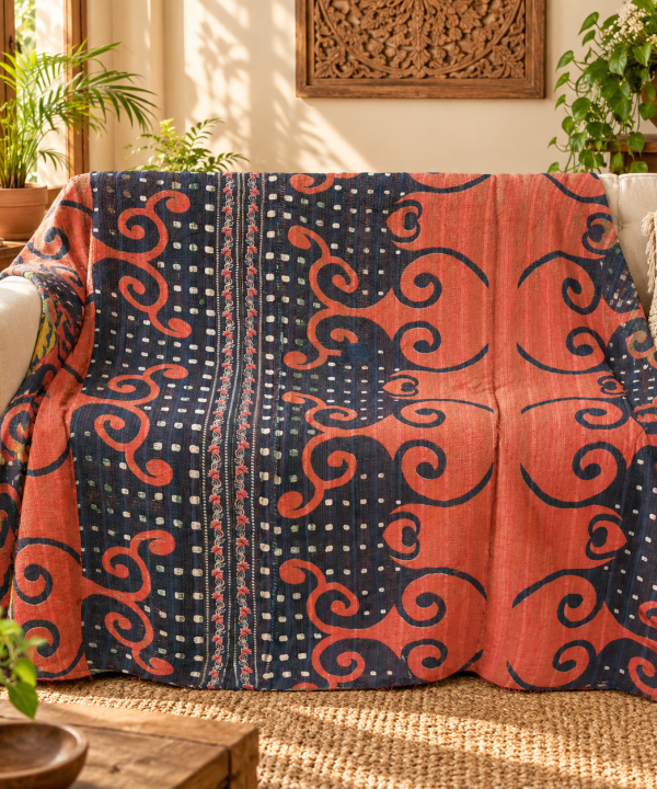 Burnt Orange & Navy Blue Vintage Kantha Quilt – Swirl Geometric Hand Stitched Cotton Throw 60x90 Inch