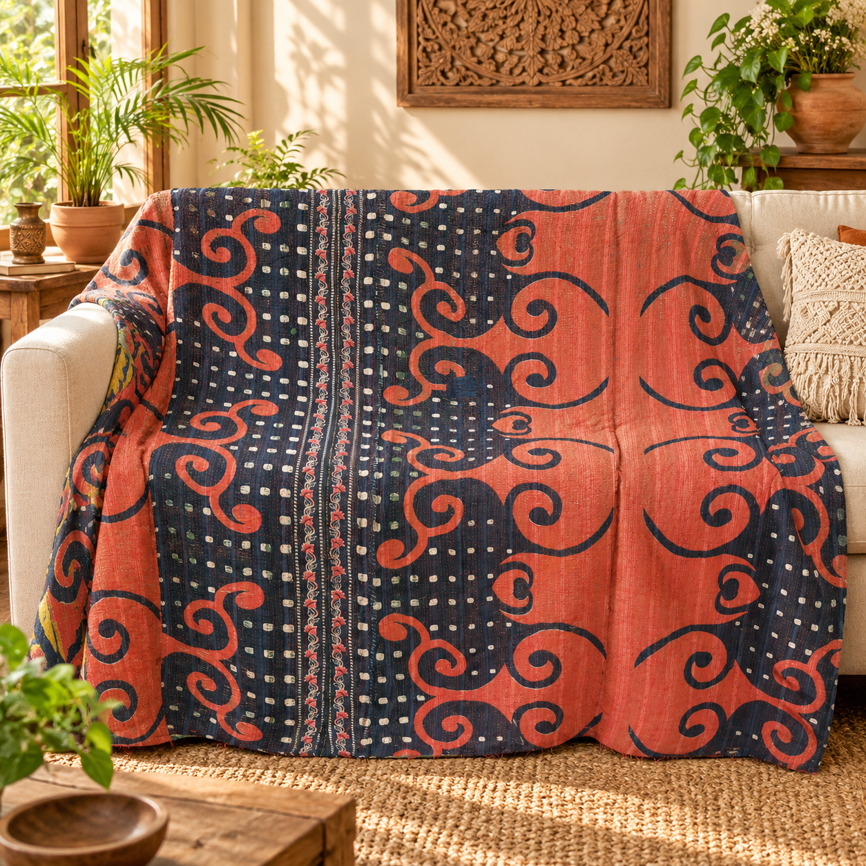 Burnt Orange & Navy Blue Vintage Kantha Quilt – Swirl Geometric Hand Stitched Cotton Throw 60x90 Inch