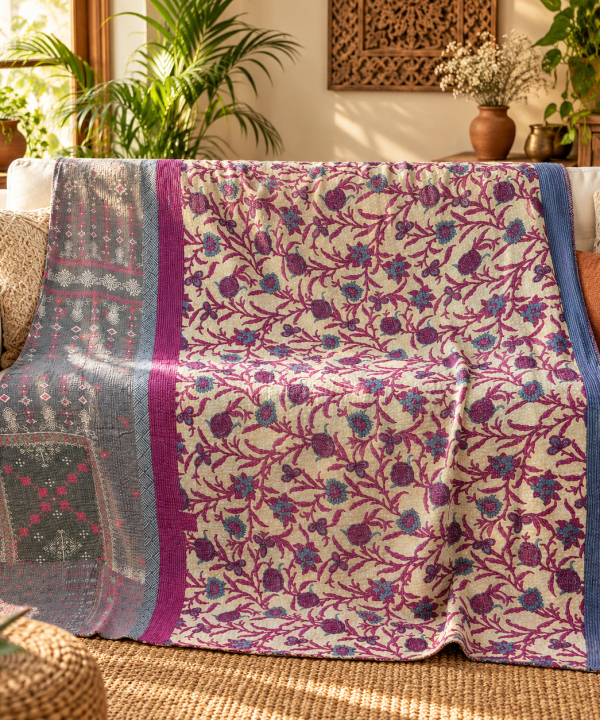 Cream Purple Floral Vintage Kantha Quilt – Hand Stitched Cotton Indian Bedspread Throw 60x90 Inch