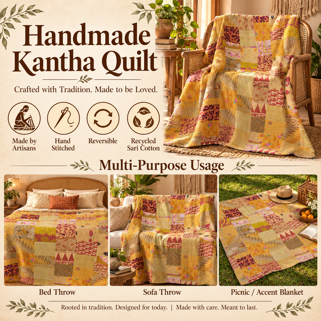 Assorted Yellow Patchwork Kantha Quilt 60x90 – Handmade Cotton Bedspread - Image 4