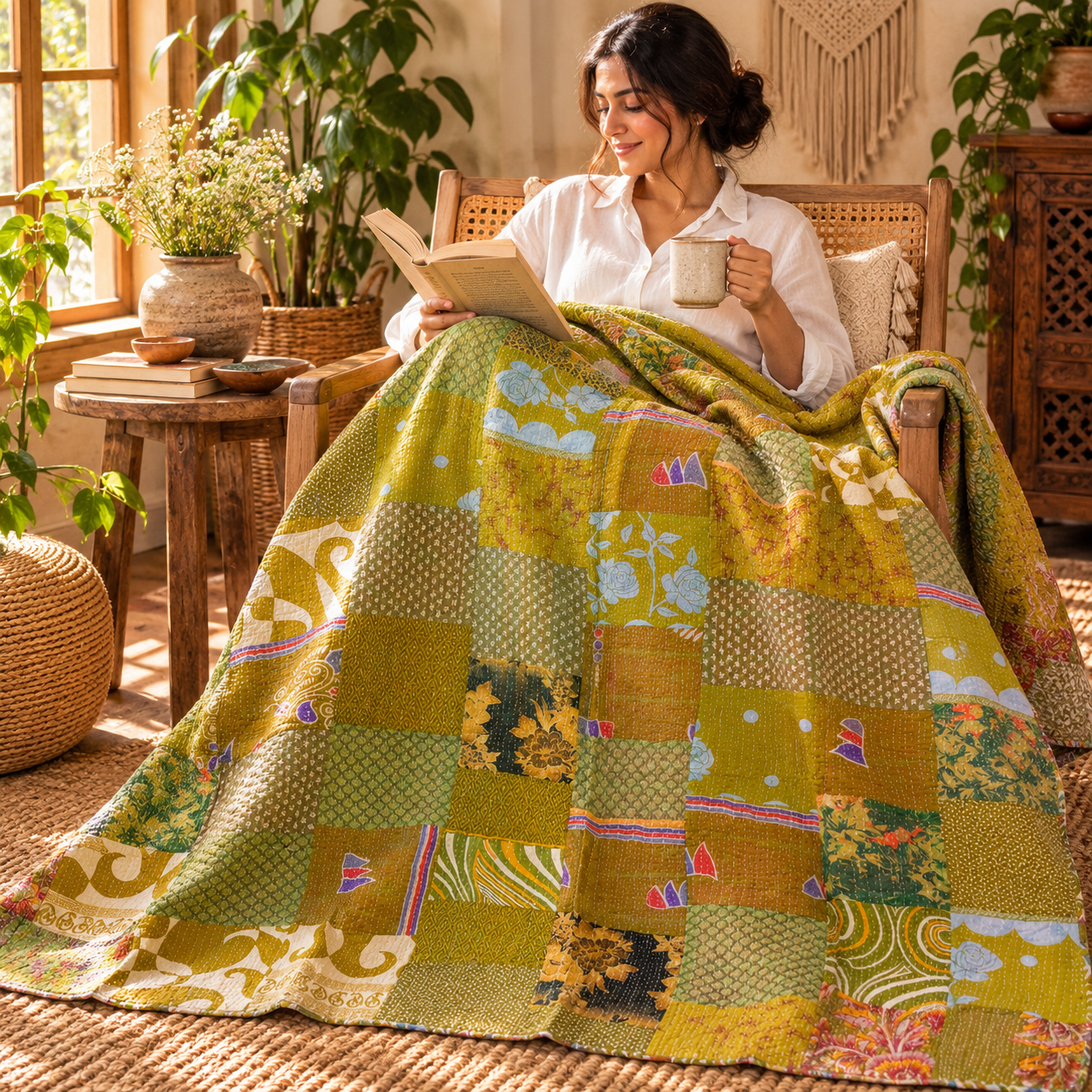 Assorted Green Yellow Patchwork Kantha Quilt 60x90 – Handmade Cotton Bedspread - Image 3