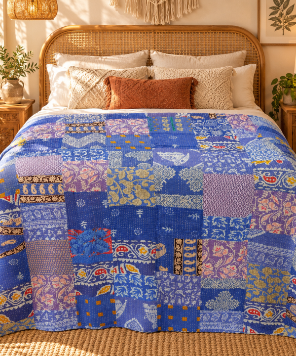 Alternative view of Assorted Blue Patchwork Kantha Quilt 60x90 – Handmade Cotton Bedspread