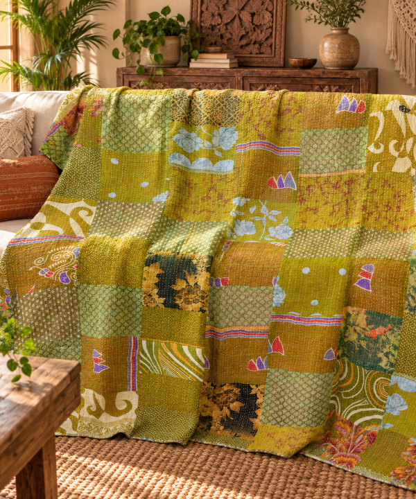 Assorted Green Yellow Patchwork Kantha Quilt 60x90 – Handmade Cotton Bedspread