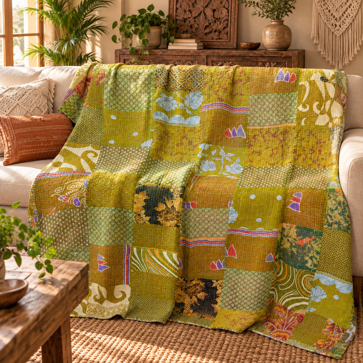 Assorted Green Yellow Patchwork Kantha Quilt 60x90 – Handmade Cotton Bedspread