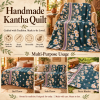 Teal Blue Floral Vintage Kantha Quilt – Hand Stitched Recycled Cotton Bedspread Throw 60x90 Inch - Image 4