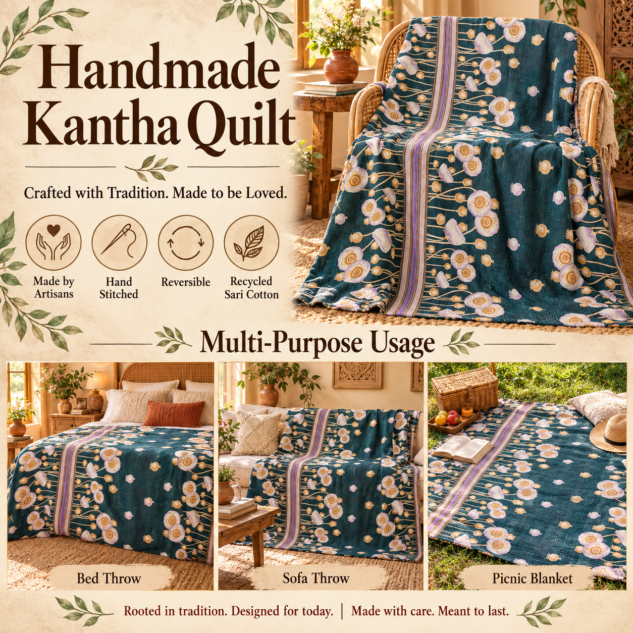 Teal Blue Floral Vintage Kantha Quilt – Hand Stitched Recycled Cotton Bedspread Throw 60x90 Inch - Image 4