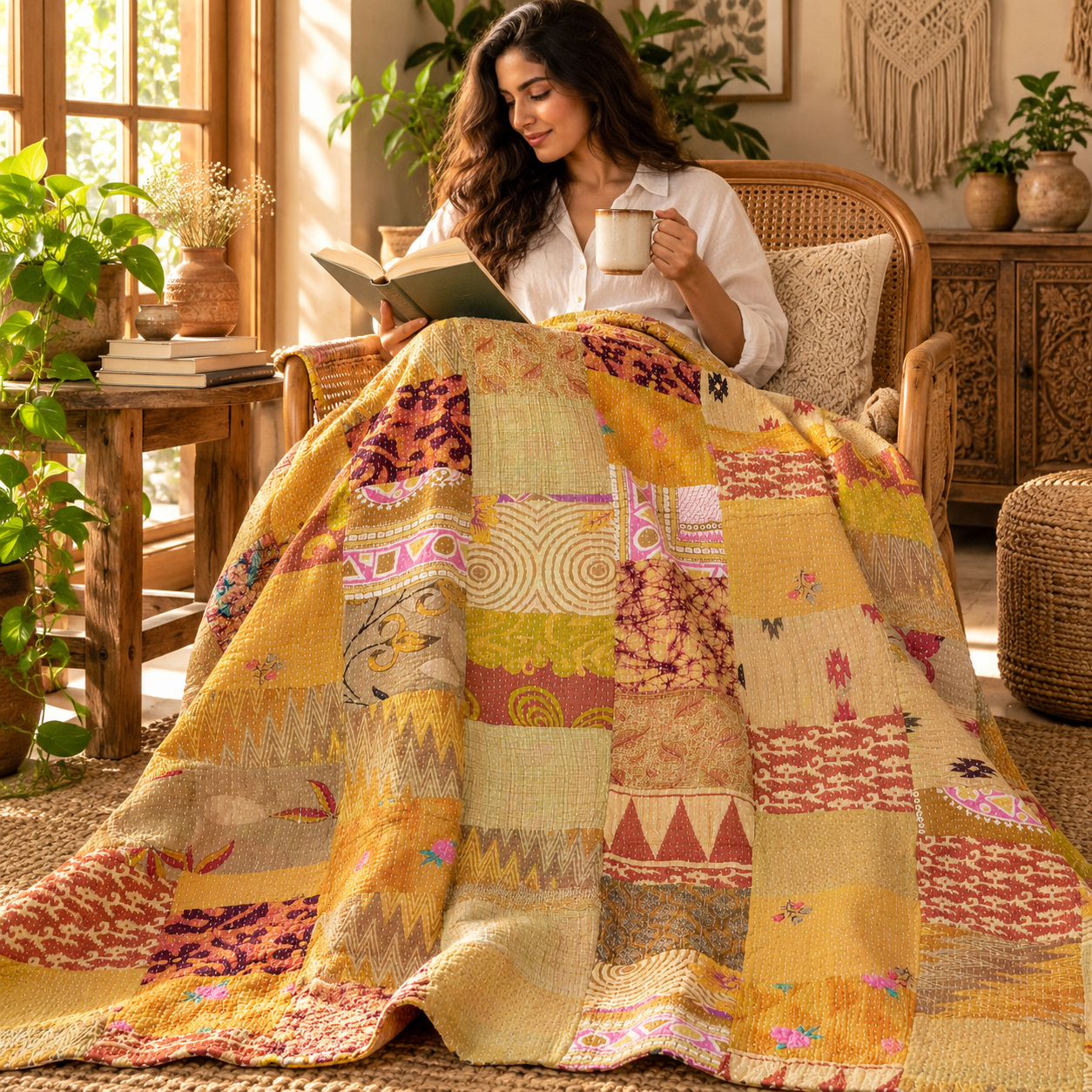Assorted Yellow Patchwork Kantha Quilt 60x90 – Handmade Cotton Bedspread - Image 3