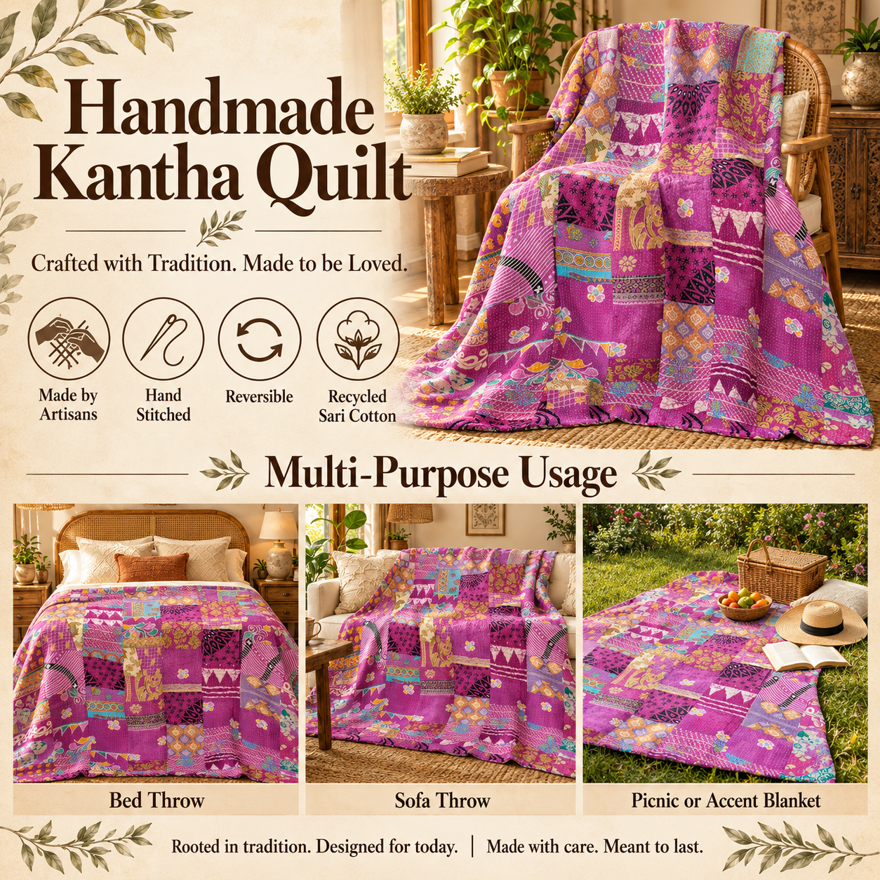 Assorted Pink & Purple Patchwork Kantha Quilt 60x90 – Handmade Cotton Bedspread - Image 4