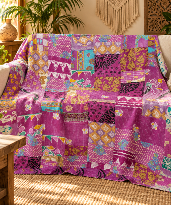 Assorted Pink & Purple Patchwork Kantha Quilt 60x90 – Handmade Cotton Bedspread