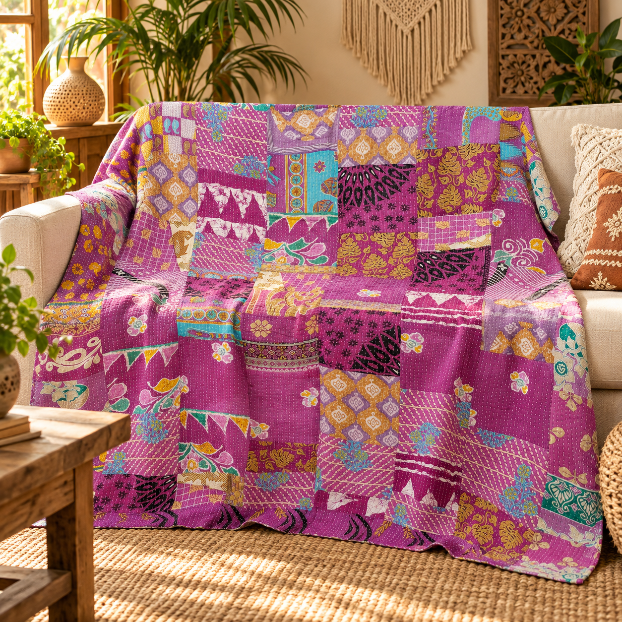 Assorted Pink & Purple Patchwork Kantha Quilt 60x90 – Handmade Cotton Bedspread