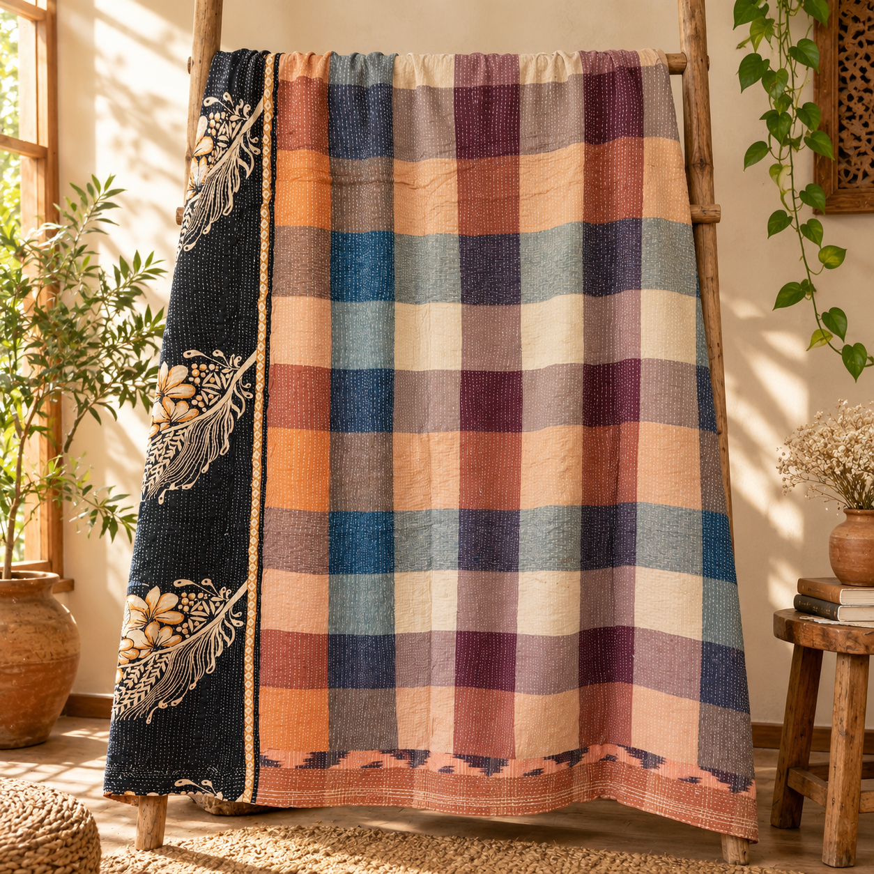 Navy Blue Beige Floral Vintage Kantha Quilt – Hand Stitched Recycled Cotton Bed Throw 60x90 Inch - Image 5