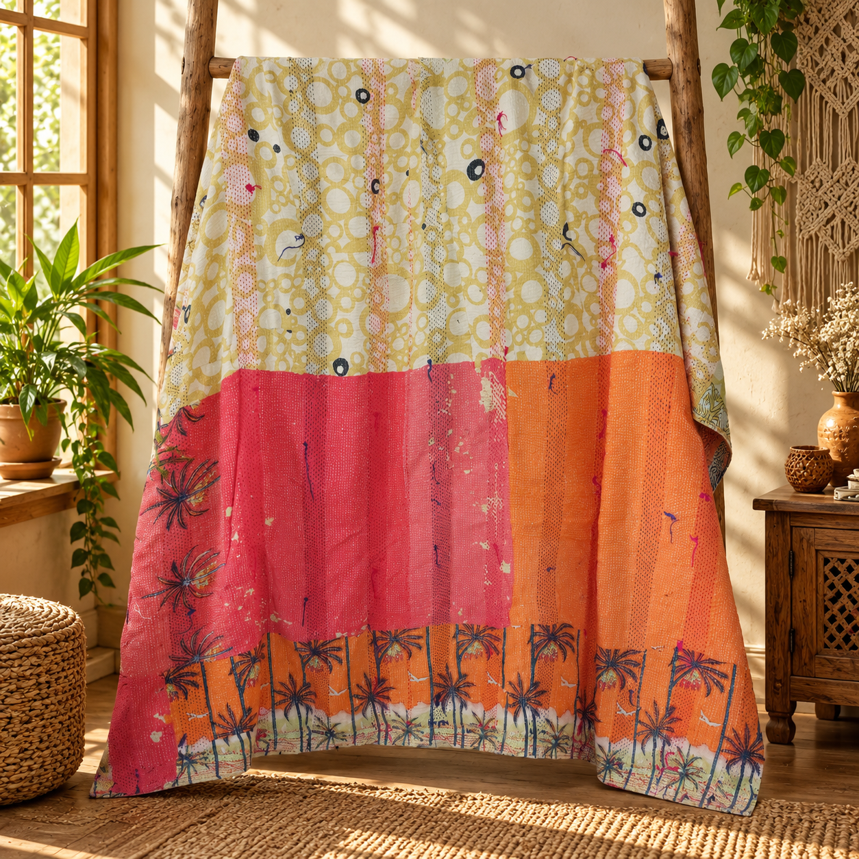 Cream Yellow Striped Vintage Kantha Quilt – Hand Stitched Recycled Sari Cotton Throw 60x90 Inch - Image 5