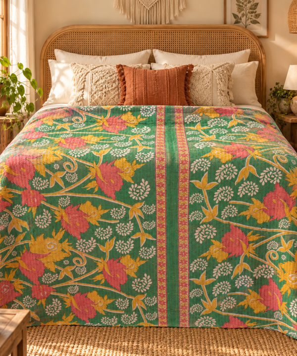 Alternative view of Green Patchwork Kantha Quilt – Handmade Vintage Cotton Bedspread Throw 60x90 Inches