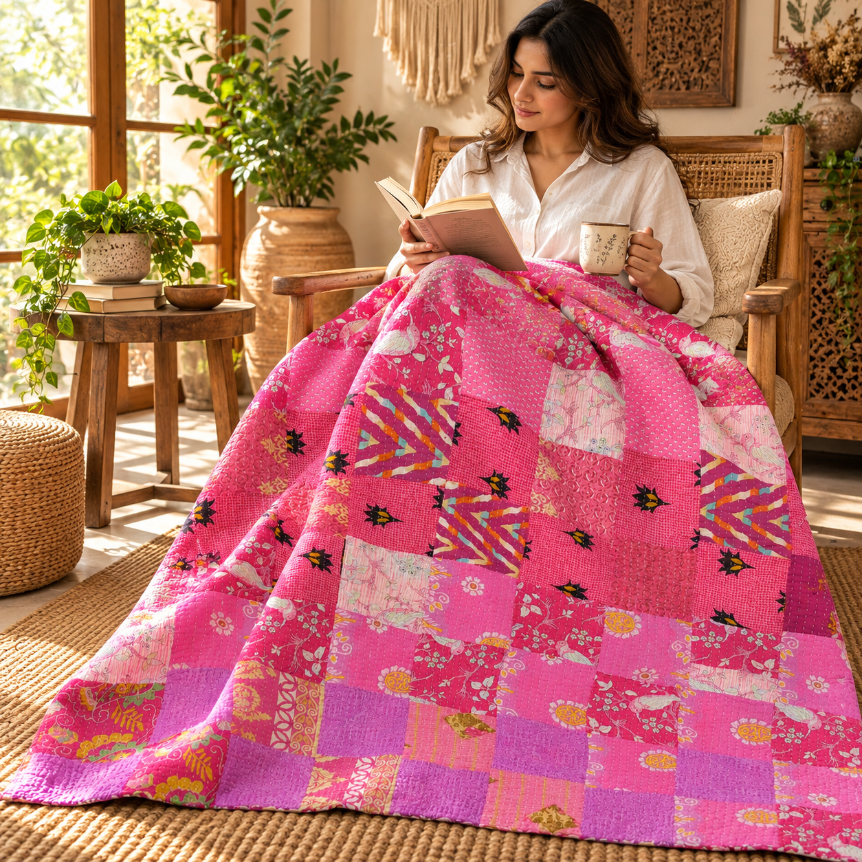 Assorted Pink Patchwork Kantha Quilt 60x90 – Handmade Cotton Bedspread - Image 3