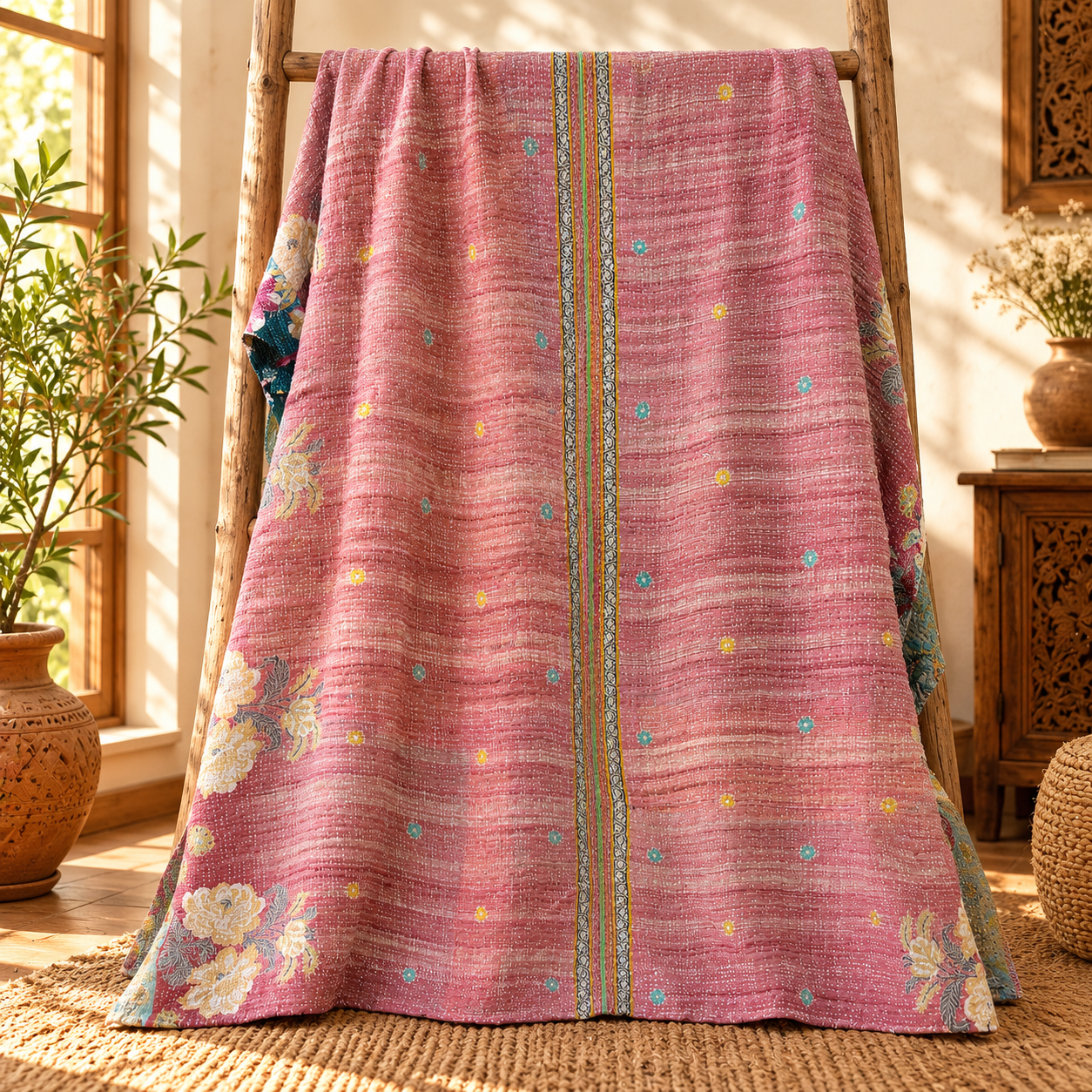 Teal Green Floral Vintage Kantha Quilt – Hand Stitched Recycled Sari Cotton Throw 60x90 Inch - Image 5