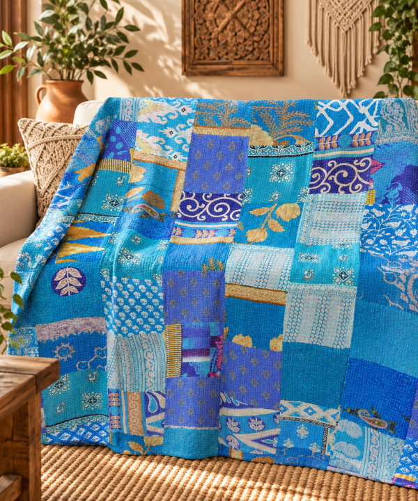 Assorted Blue Patchwork Kantha Quilt 60x90 – Handmade Cotton Bedspread