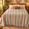 Cream Yellow Striped Vintage Kantha Quilt – Hand Stitched Recycled Sari Cotton Throw 60x90 Inch - Image 2