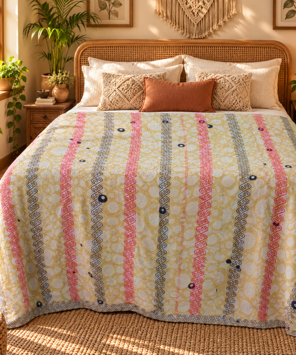 Alternative view of Cream Yellow Striped Vintage Kantha Quilt – Hand Stitched Recycled Sari Cotton Throw 60x90 Inch
