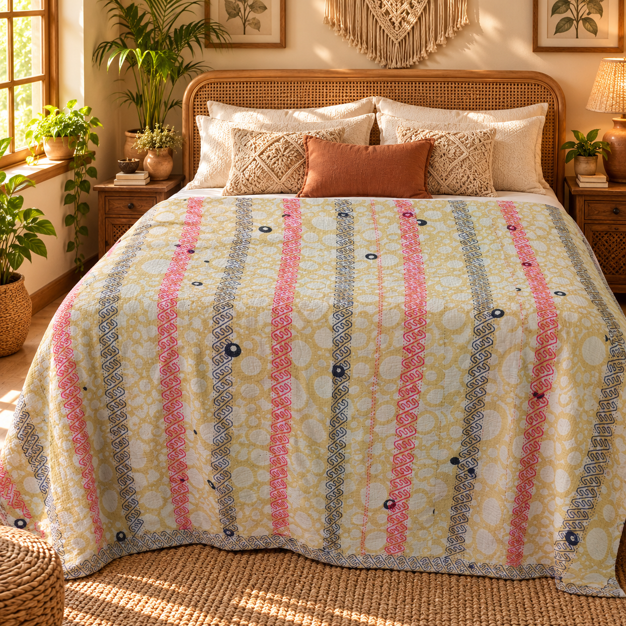 Cream Yellow Striped Vintage Kantha Quilt – Hand Stitched Recycled Sari Cotton Throw 60x90 Inch - Image 2