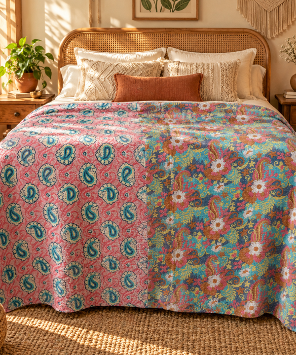 Alternative view of Coral Pink Blue Paisley Vintage Kantha Quilt – Floral Hand Stitched Cotton Throw 60x90 Inch