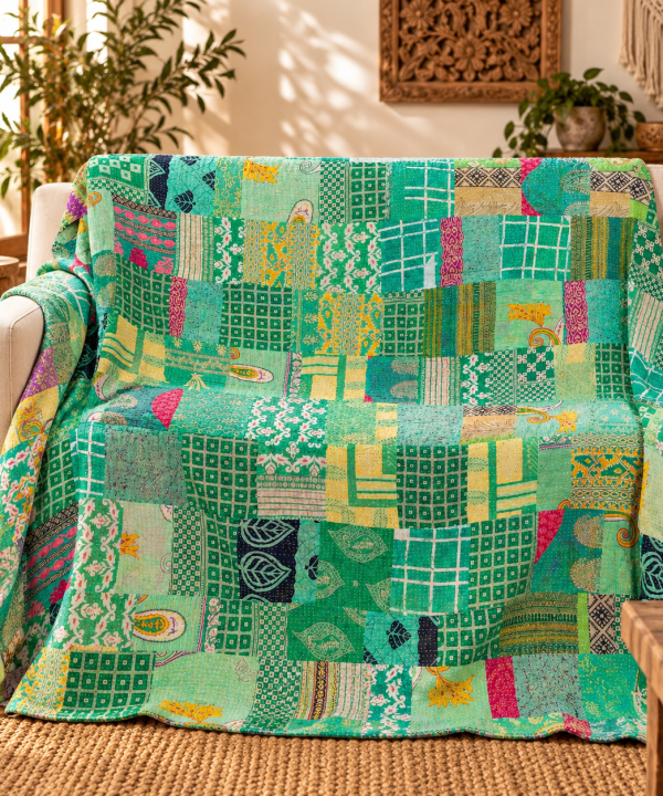 Assorted Green Patchwork Kantha Quilt 60x90 – Handmade Cotton Bedspread